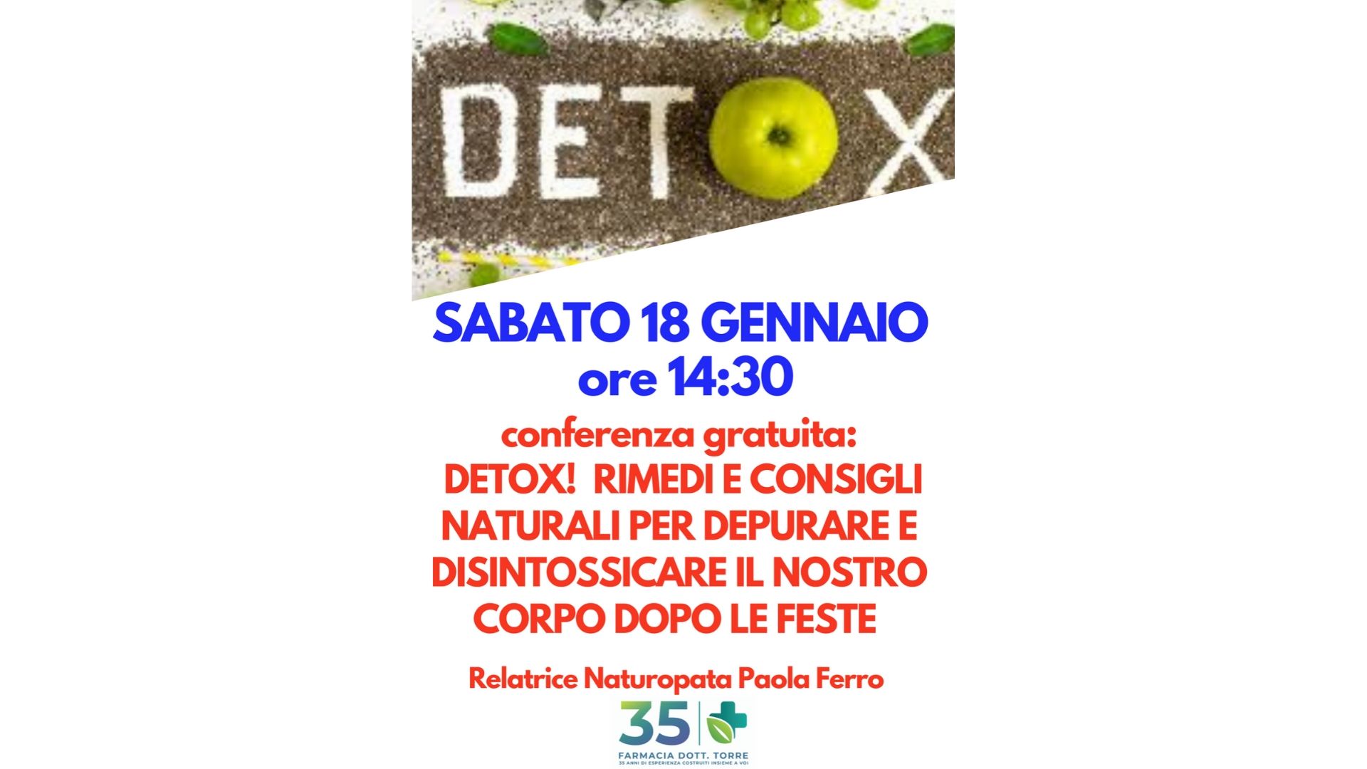 Conferenza gratuita: Detox! consigli e rimedi naturali per  depurare e disintossicare il nostro corpo dopo le feste